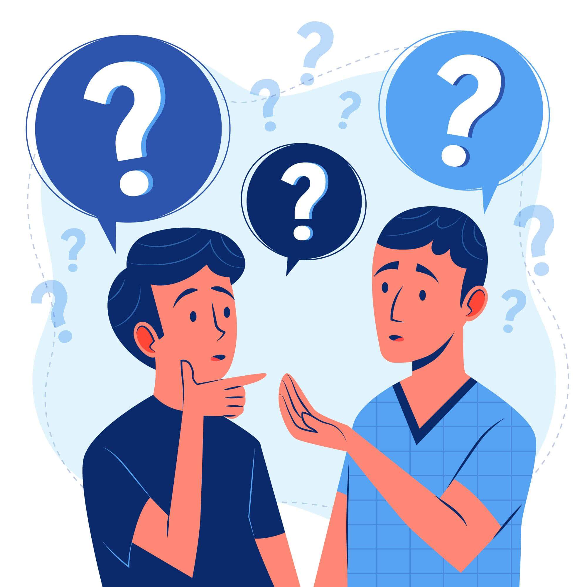 ilustração de dois homens conversando e em cima vários pontos de interrogação