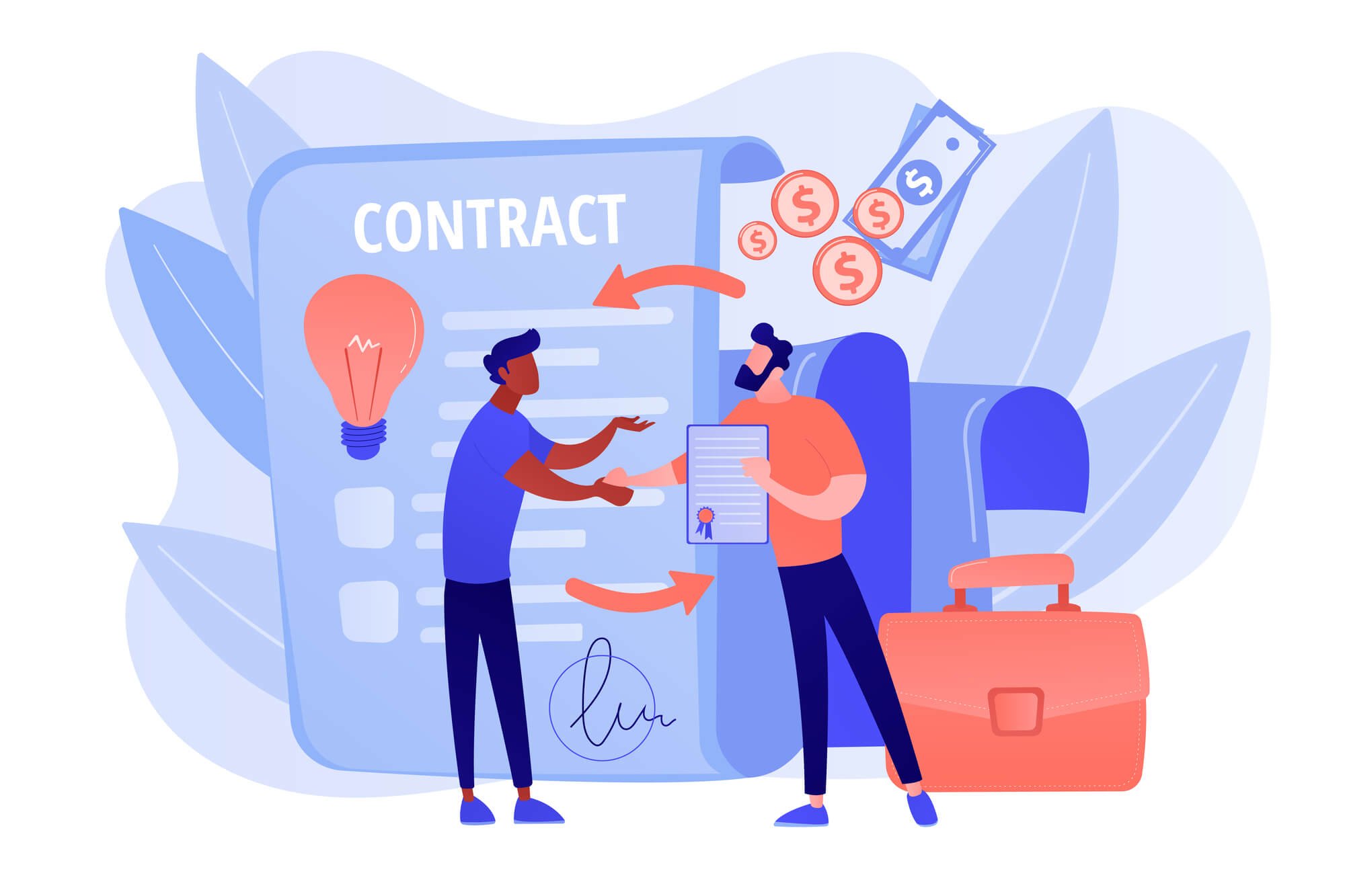ilustração com dois homens apertando as mãos com contrato, dinheiro atrás.